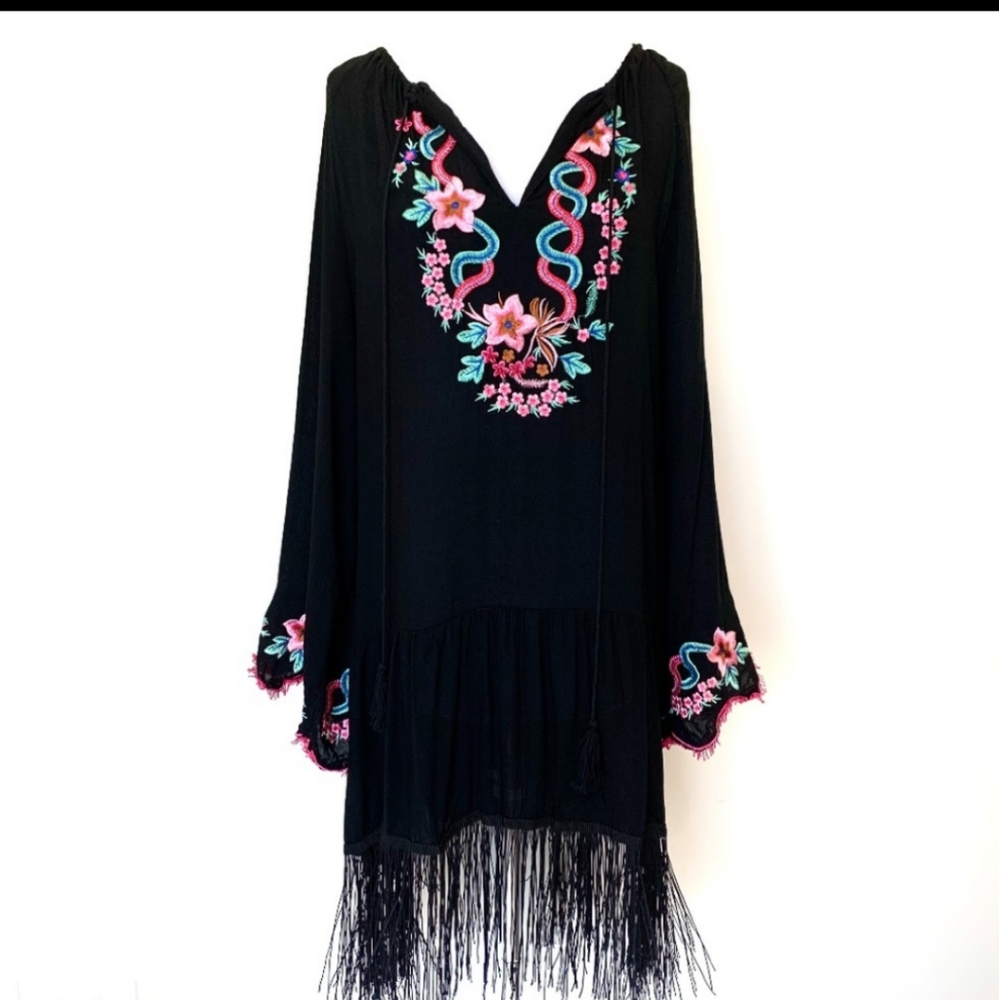 Embroidered Fringe Boho Cover Up Tunic Dress